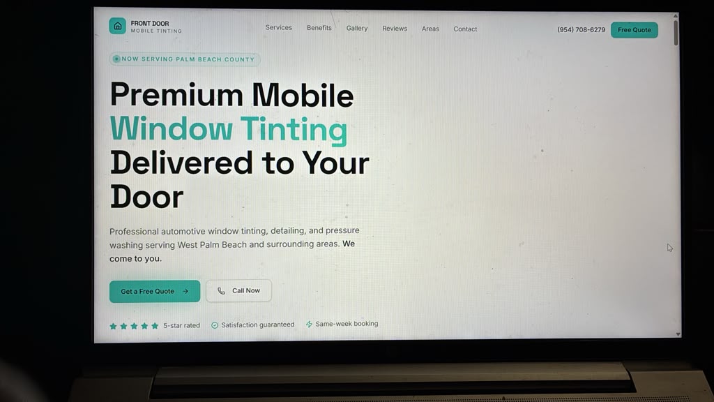 Front Door Mobile Tinting website homepage — premium mobile window tinting delivered to your door