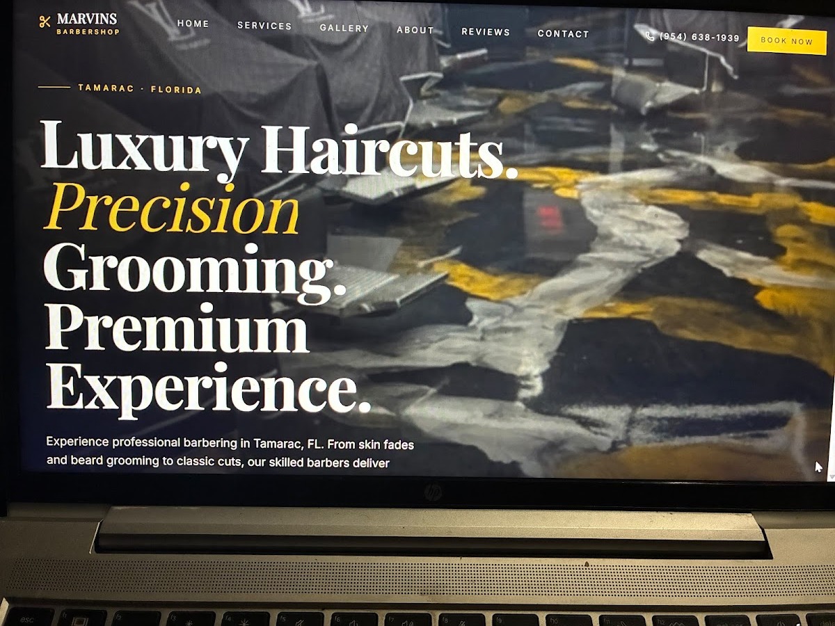 Marvin's Barbershop website — luxury haircuts, precision grooming, premium experience